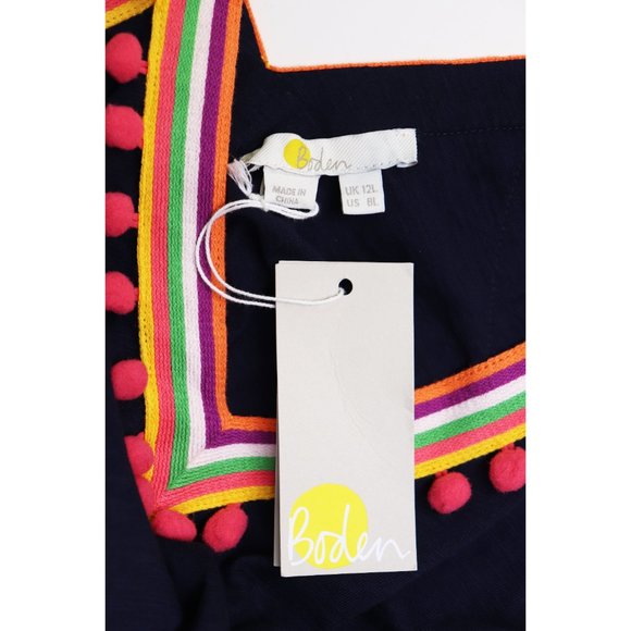 NWT Boden Pom Pom Trim Jersey V-Neck Dress Sleeveless Woven Stripe Navy Marine 8 - Picture 5 of 9